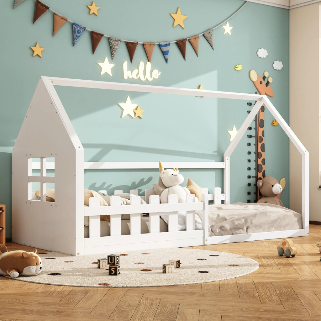 Letto a forma di casa bianco in pino con funzione contenitore 90x200 cm