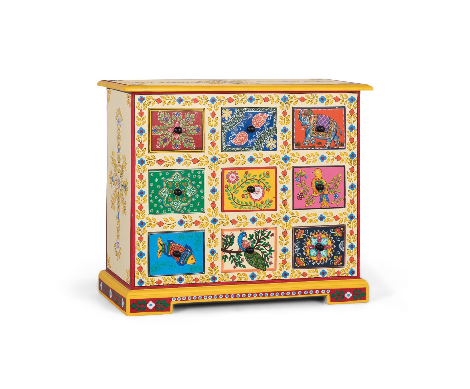 Credenza con 9 cassetti multicolori dipinti a mano