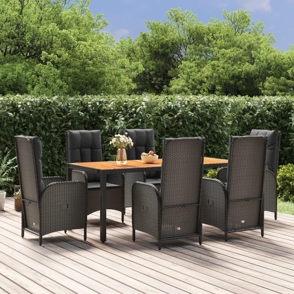 Set da Pranzo da Giardino 7 pz Nero con Cuscini in Polyrattan 3185072