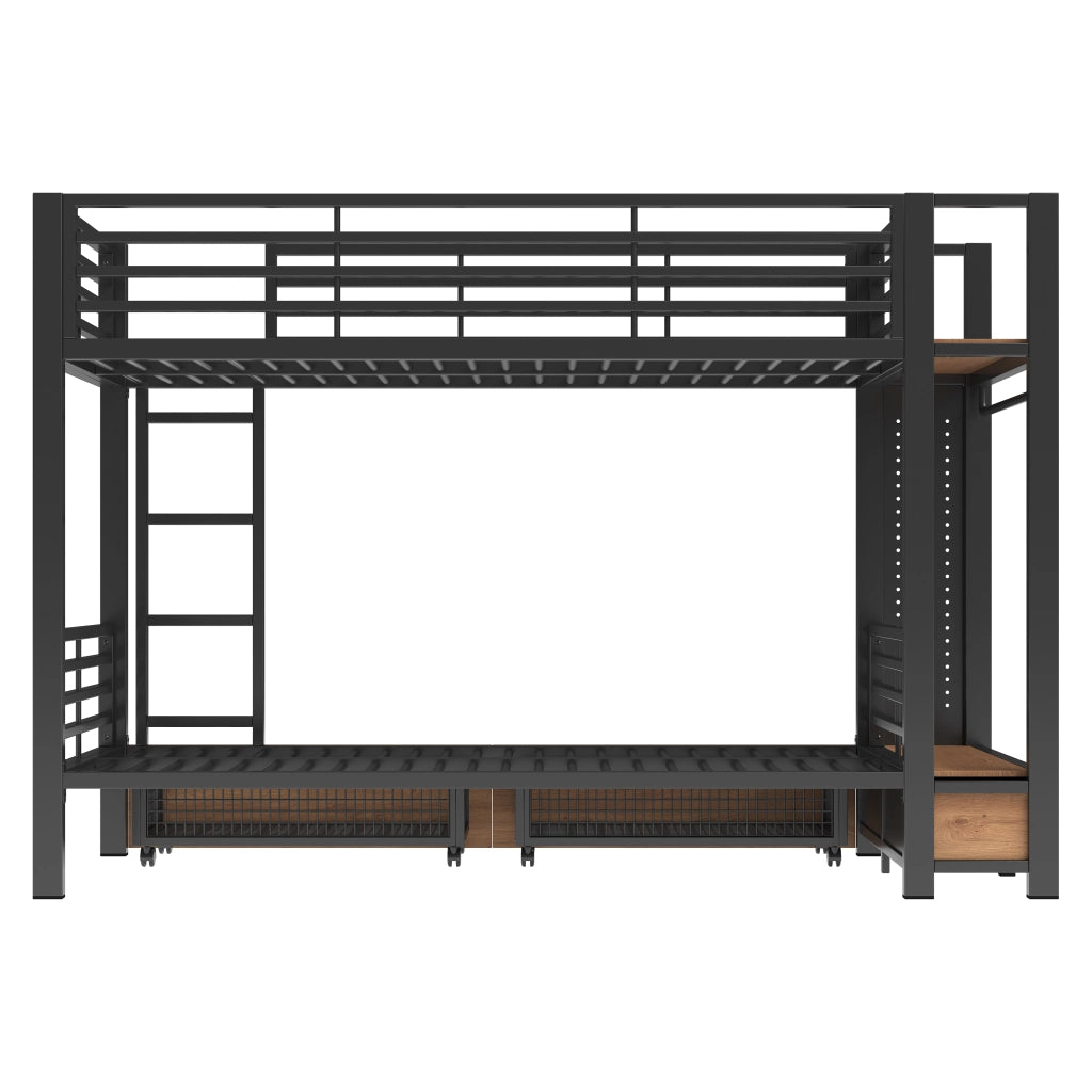 Letto a Castello 90x200 cm - 4 cassetti; mensole e LED - in MDF e Metallo - Nero
