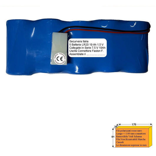 PACCO BATTERIA 7,5V 19AH 5 PILE ALCALINE USCITA FASTON Securvera SV-BAUBTSVCVA