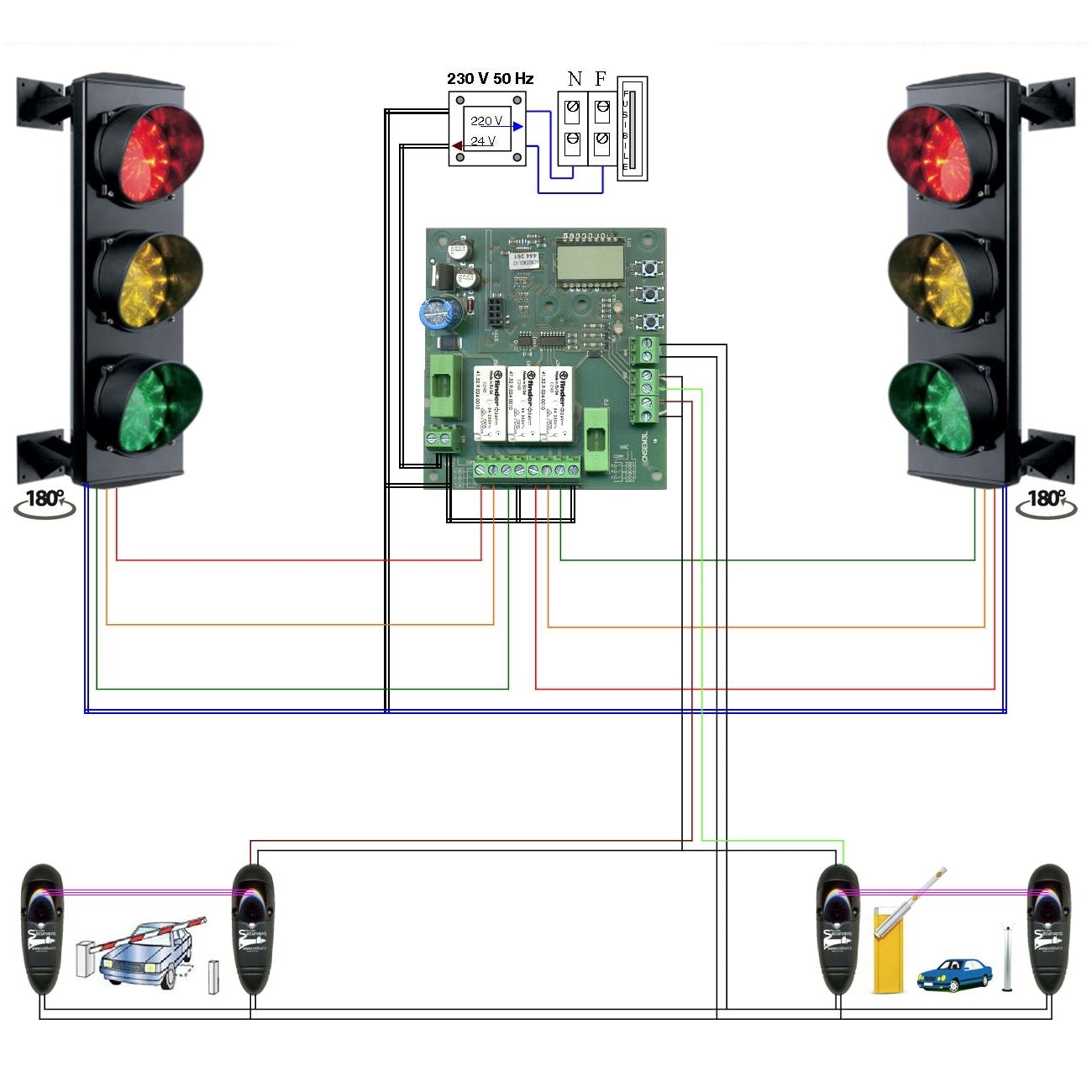 IMPIANTO SEMAFORI 3 LUCI LED ROSSO GIALLO VERDE 24V Securvera SK-STLISDA2SA