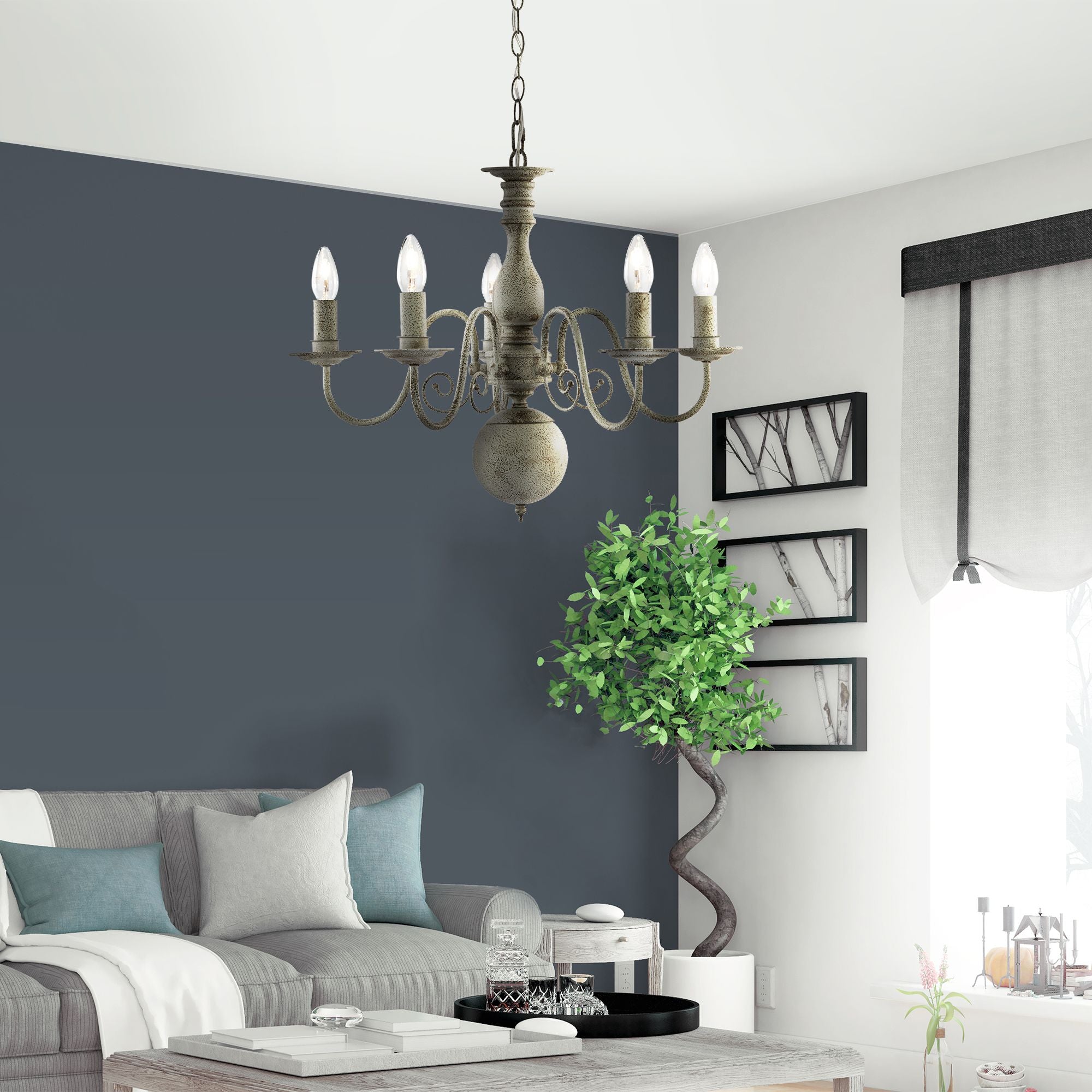 Lampadario Contemporaneo Greythorne Acciaio Grigio 5 Luci E14