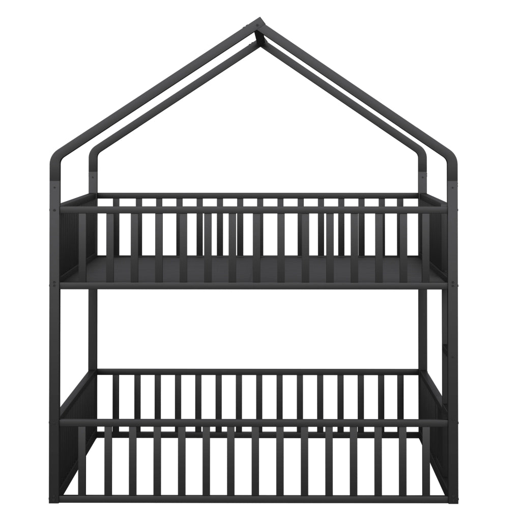 OKWISH Letto a Castello 140×200 cm, Letto Matrimoniale con Struttura a Casetta, Porta Ribaltabile e Scala Frontale, senza Materasso, in Metallo, Nero