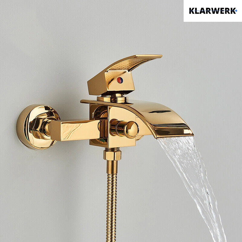 "ROSA" | Miscelatore vasca a cascata doccia oro | in acciaio inox comprensivo di doccetta e supporto | Set completo termostato vasca con rubinetto