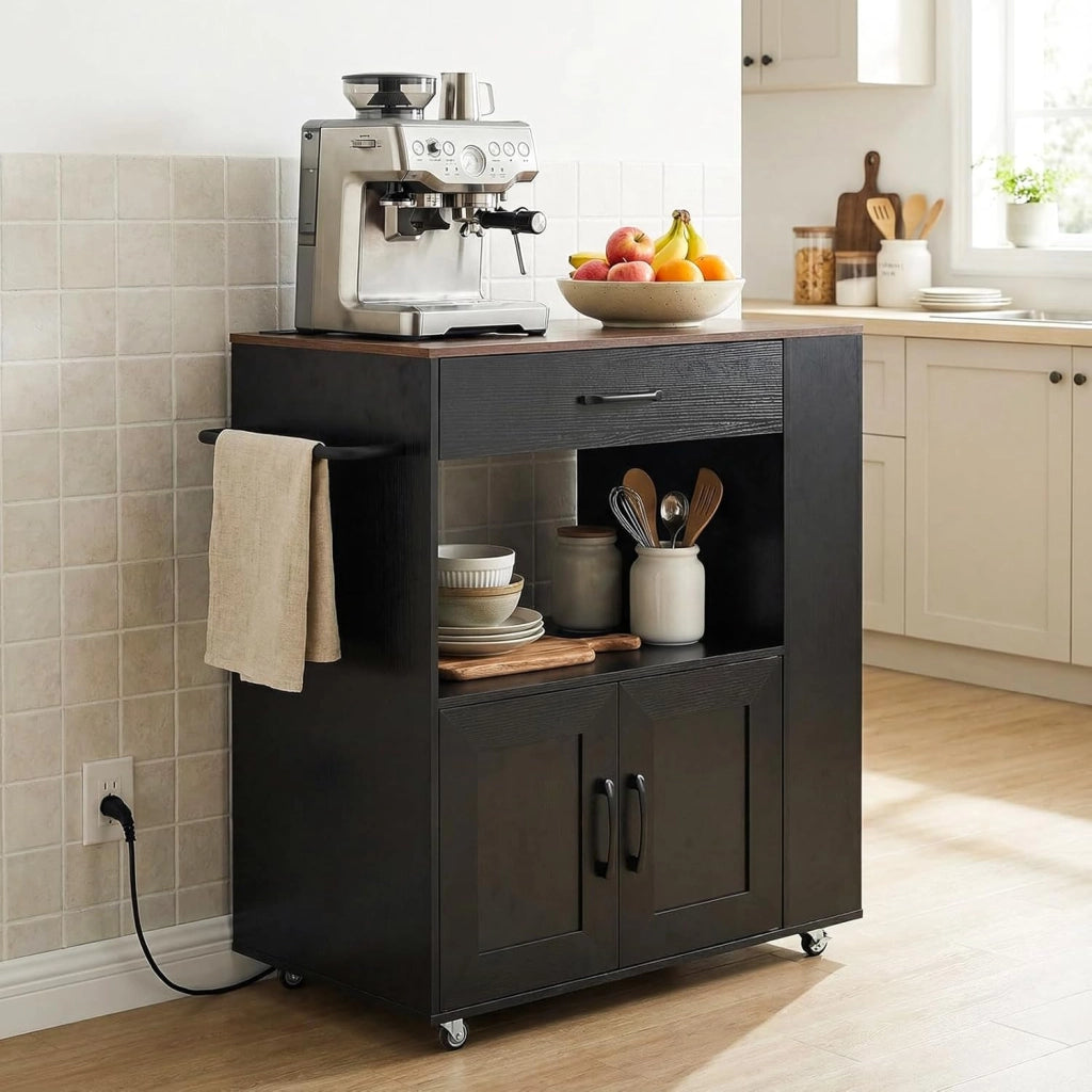 Carrello da cucina su ruote, isola da cucina con stazione di ricarica e piano di lavoro, carrello da portata mobile con cassetto, portaspezie, porta asciugamani, armadio da cucina 75 x 46 x