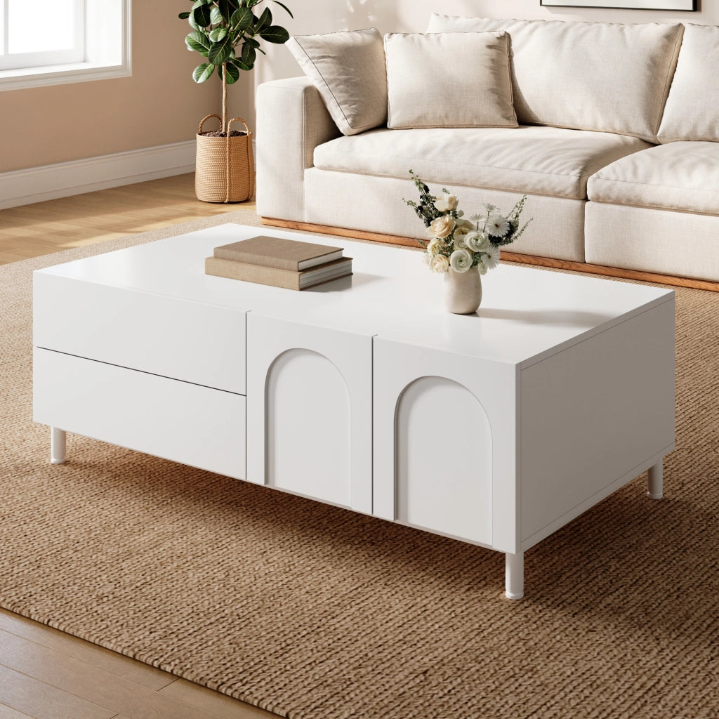 Tavolino basso con 2 cassetti e 2 ante vano chiuso per soggiorno in MDF e truciolare bianco 100 × 50 × 39,5 cm