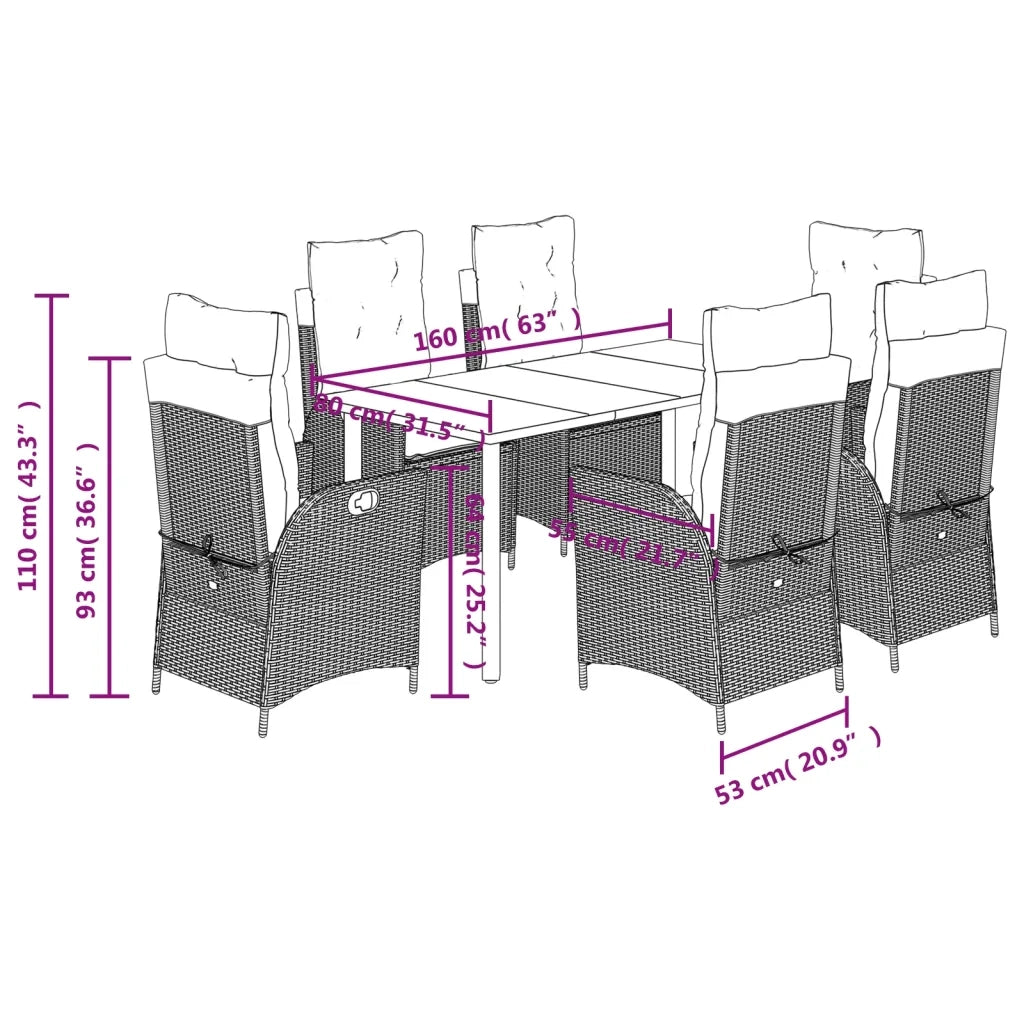 Set da Pranzo da Giardino 7 pz Nero con Cuscini in Polyrattan