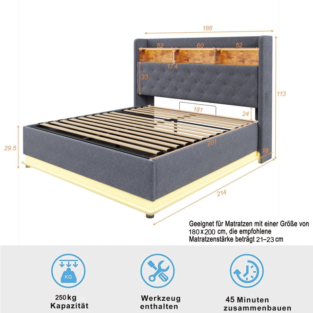 Letti contenitori 180x200 cm con LED multicolore e USB; lino; grigio