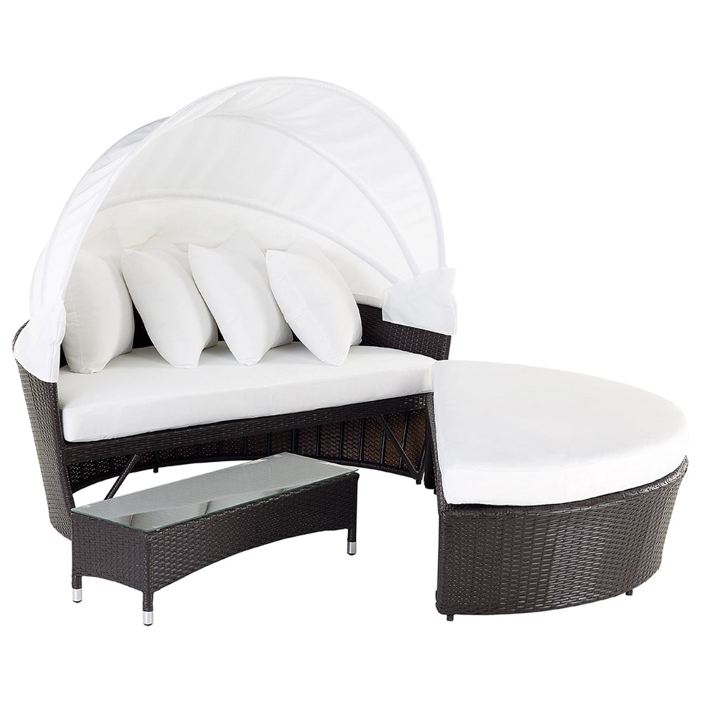 Lettino da giardino in vimini rattan bianco e marrone con cuscini Tavolino da caffè resistente agli agenti atmosferici