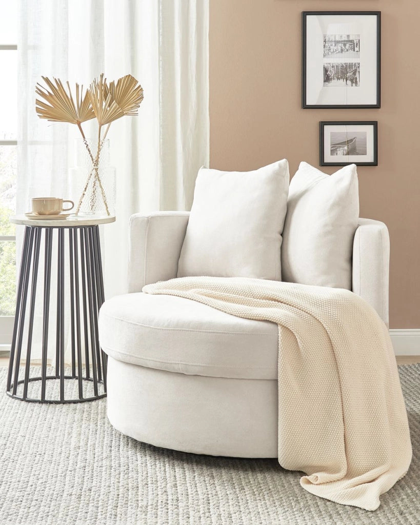 Poltrona Beige chiaro in poliestere con base girevole in ferro Due cuscini sfoderabili Schienale rotondo Soggiorno moderno in stile glam