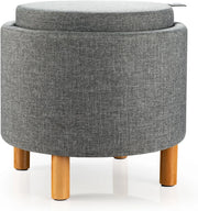 Pouf con Spazio di Archiviazione, Poggiapiedi Rotondo con Vassoio Reversibile e Spazio di Stoccaggio Nascosto, Pouf Imbottito Multifunzionale per Camera da Letto, Soggiorno, Ufficio (Grigio)