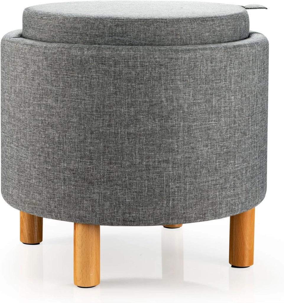 Pouf con Spazio di Archiviazione, Poggiapiedi Rotondo con Vassoio Reversibile e Spazio di Stoccaggio Nascosto, Pouf Imbottito Multifunzionale per Camera da Letto, Soggiorno, Ufficio (Grigio)
