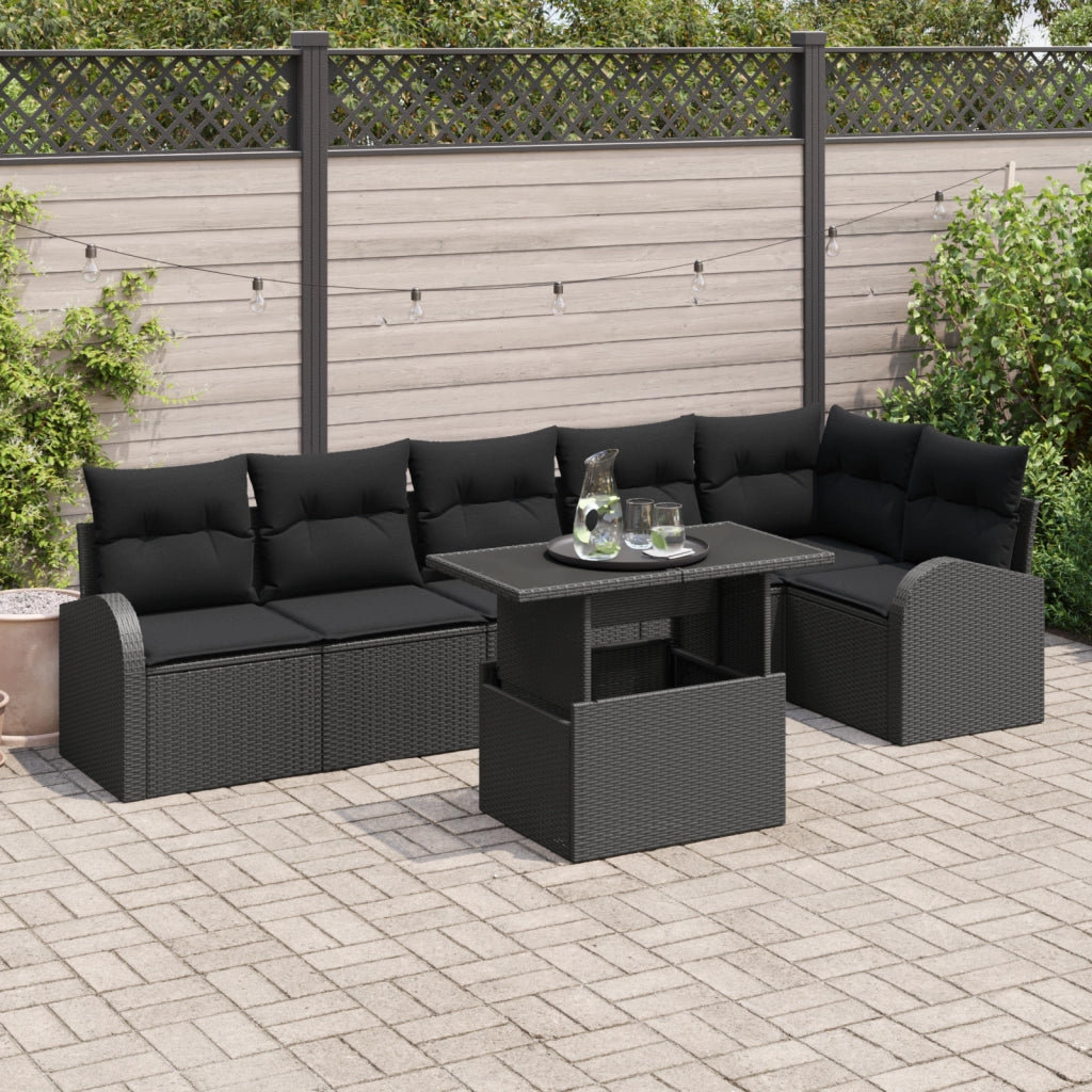 Set di divani da giardino da 7 pezzi con cuscini in rattan nero