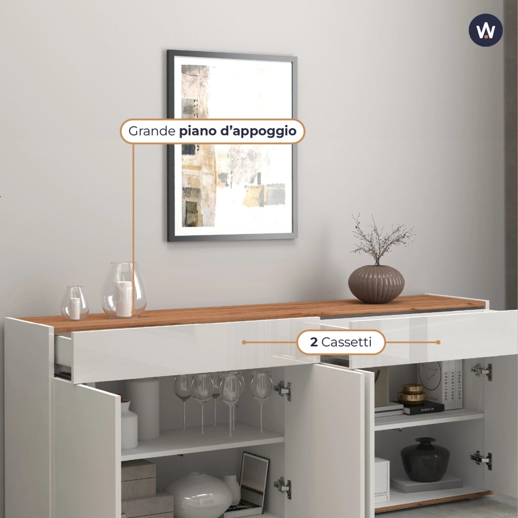 WHOUS Credenza Garda 4 ante e 2 cassetti bianco lucido e rovere 160,1x35x70 cm