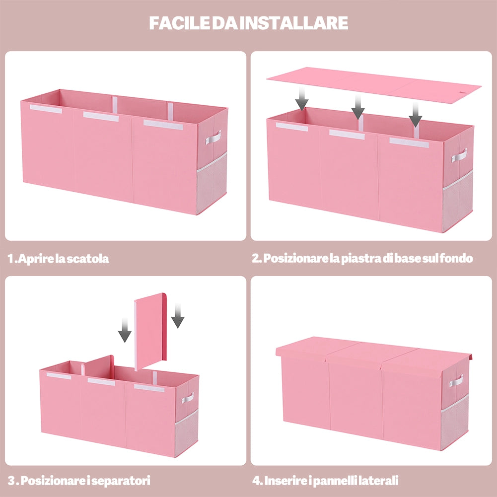 Contenitore Box 3 Scomparti Rosa Scatola Cesta Giocattoli Organizer Multiuso