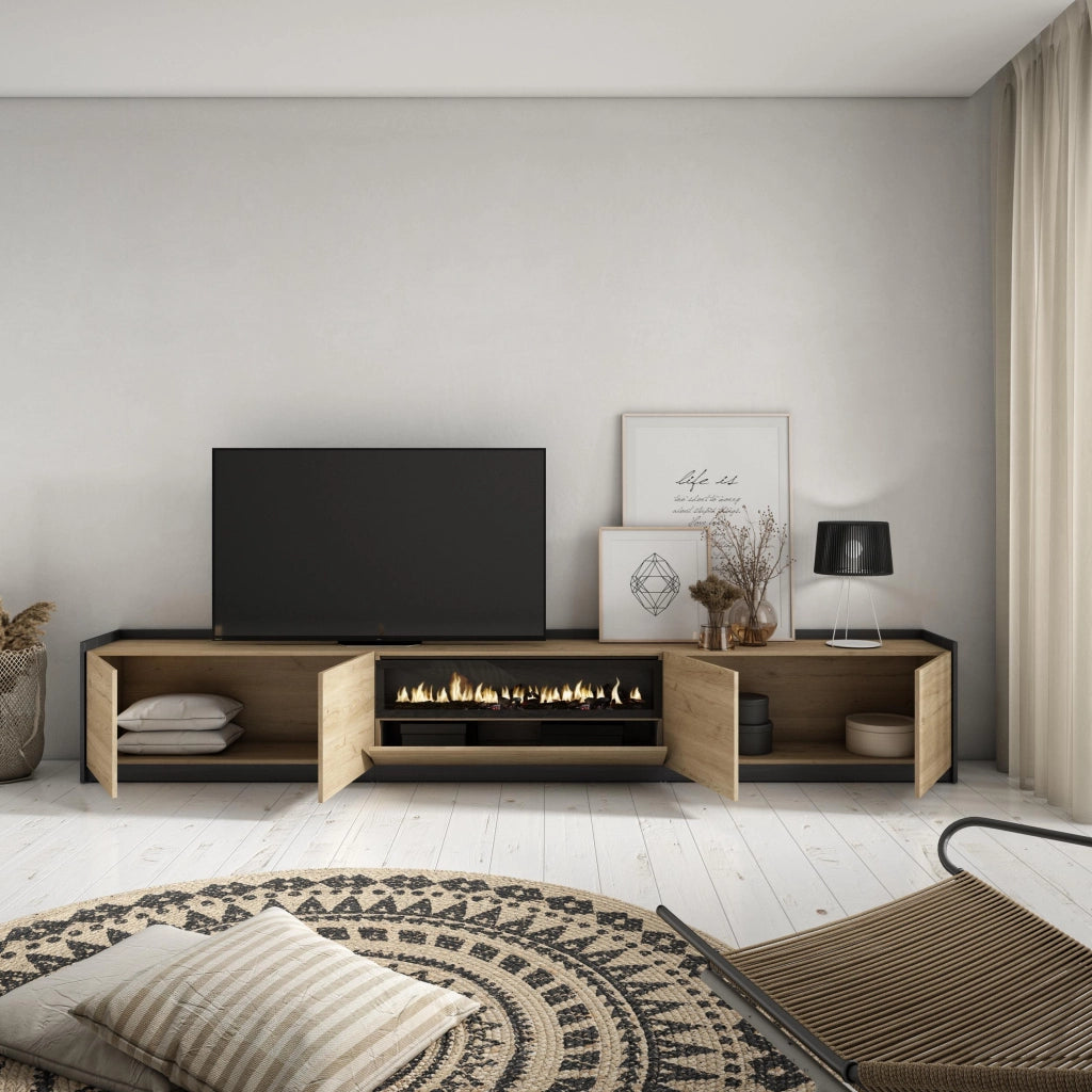 Mobile TV Soggiorno, 310x50x37 cm, Per TV fino a 80", Camino elettrico, Rovere e nero