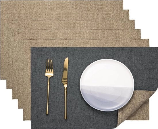 Tavoliere da tovagliato, imitazione lino, lavabile, tavoliere antiscivolo, tavoliere da tovagliato a doppia faccia, set da 6, lavabile, stoffa, grigio-terra, 45 x 30 cm