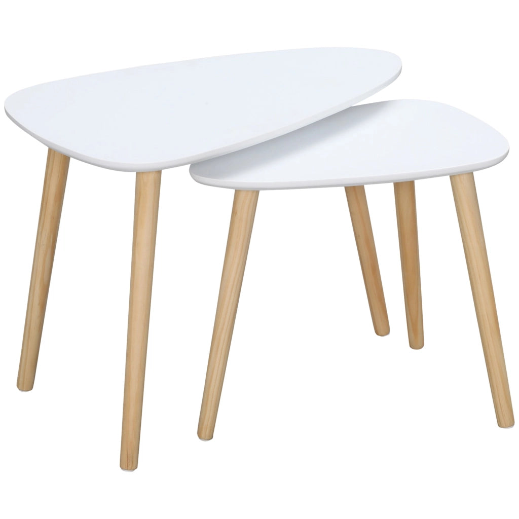 Set 2 Tavolini da Salotto Impilabili Stile Nordico con Gambe in Legno Bianco