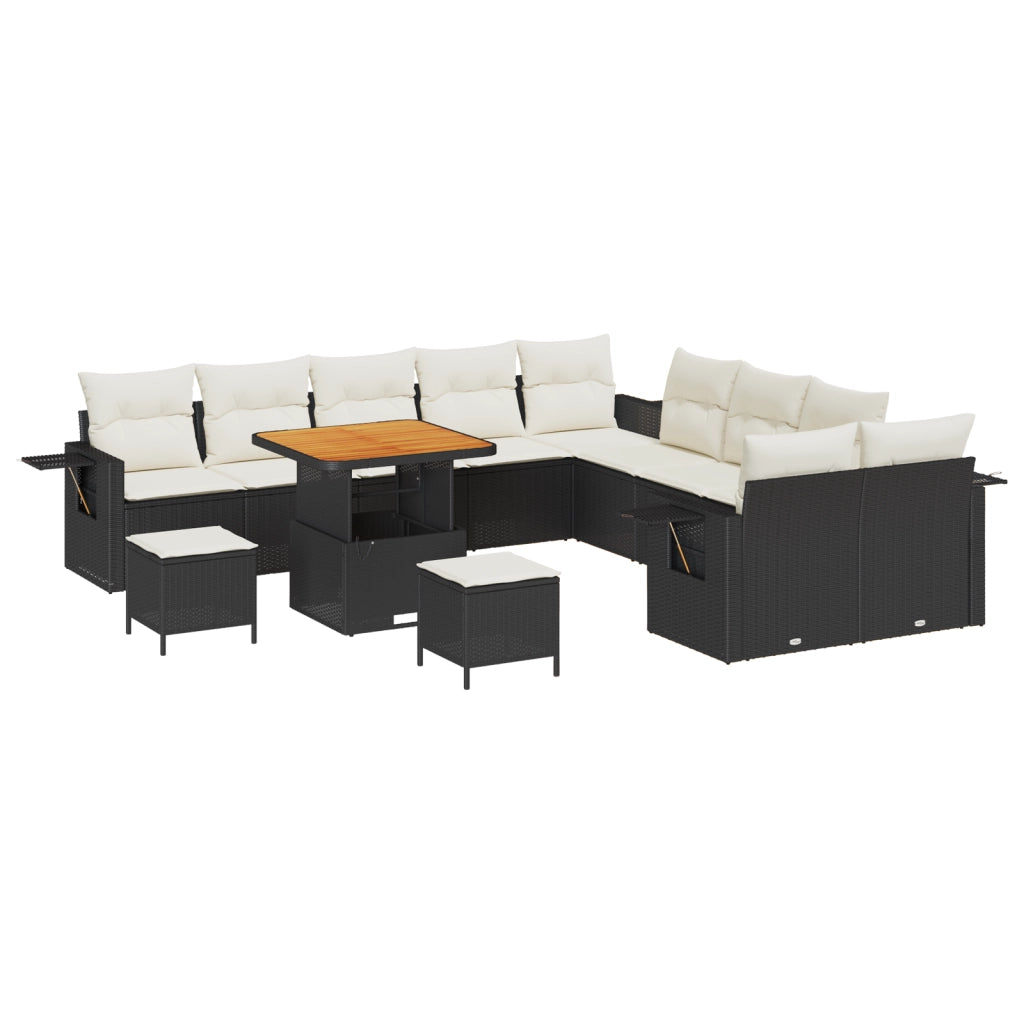 Set divano da giardino di 13 pezzi con cuscini in polyrattan nero acacia