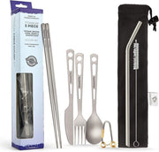 Set di Cucina Ultra Leggero in Titanio - 3-4-5 Stuzzicadenti, Forchette, Cucchiai e Coltellini in Legno per Viaggio, Campeggio e Uso Casalingo in Custodia (Set di Cucina Standard a 5 pezzi)