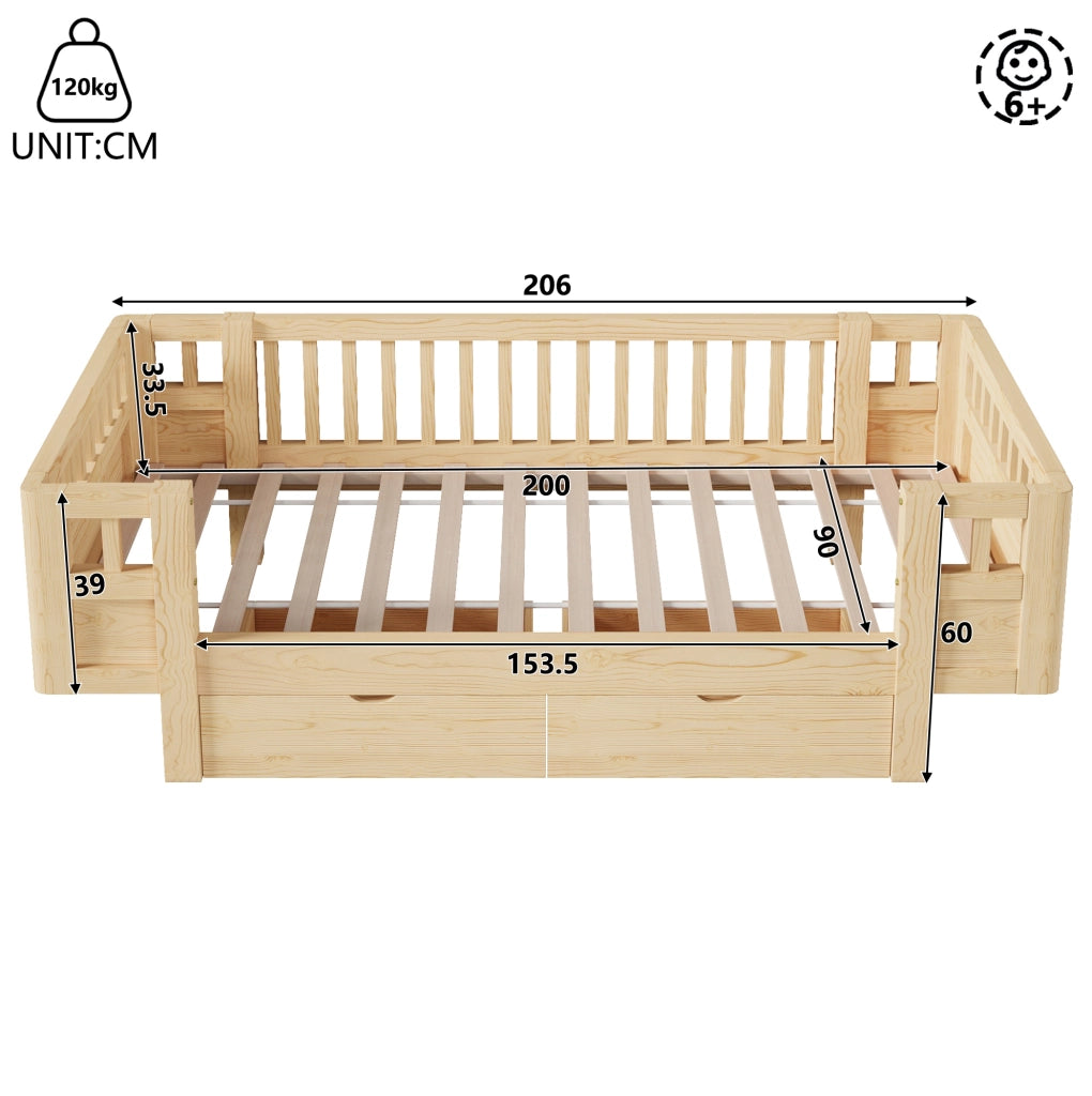 Letto singolo 90x200 in pino con sponde e 2 cassetti