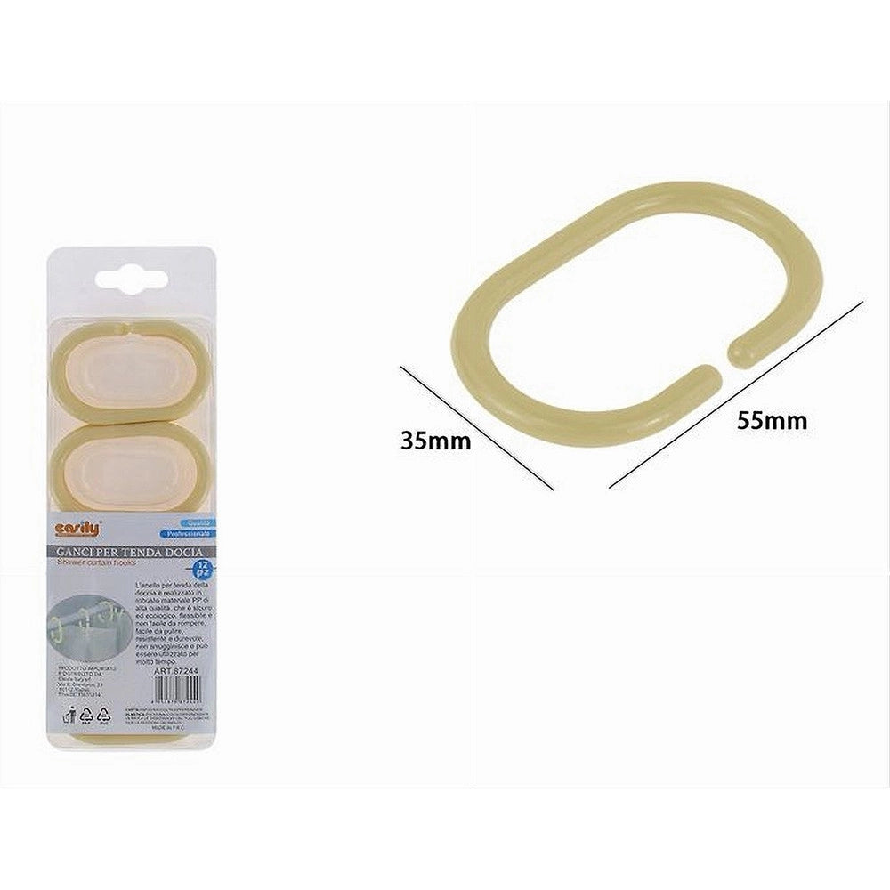 Trade Shop - Set 12 Pz Anelli Gancio Per Tenda Da Doccia Box Bagno In Plastica Pp Beige 87244 -