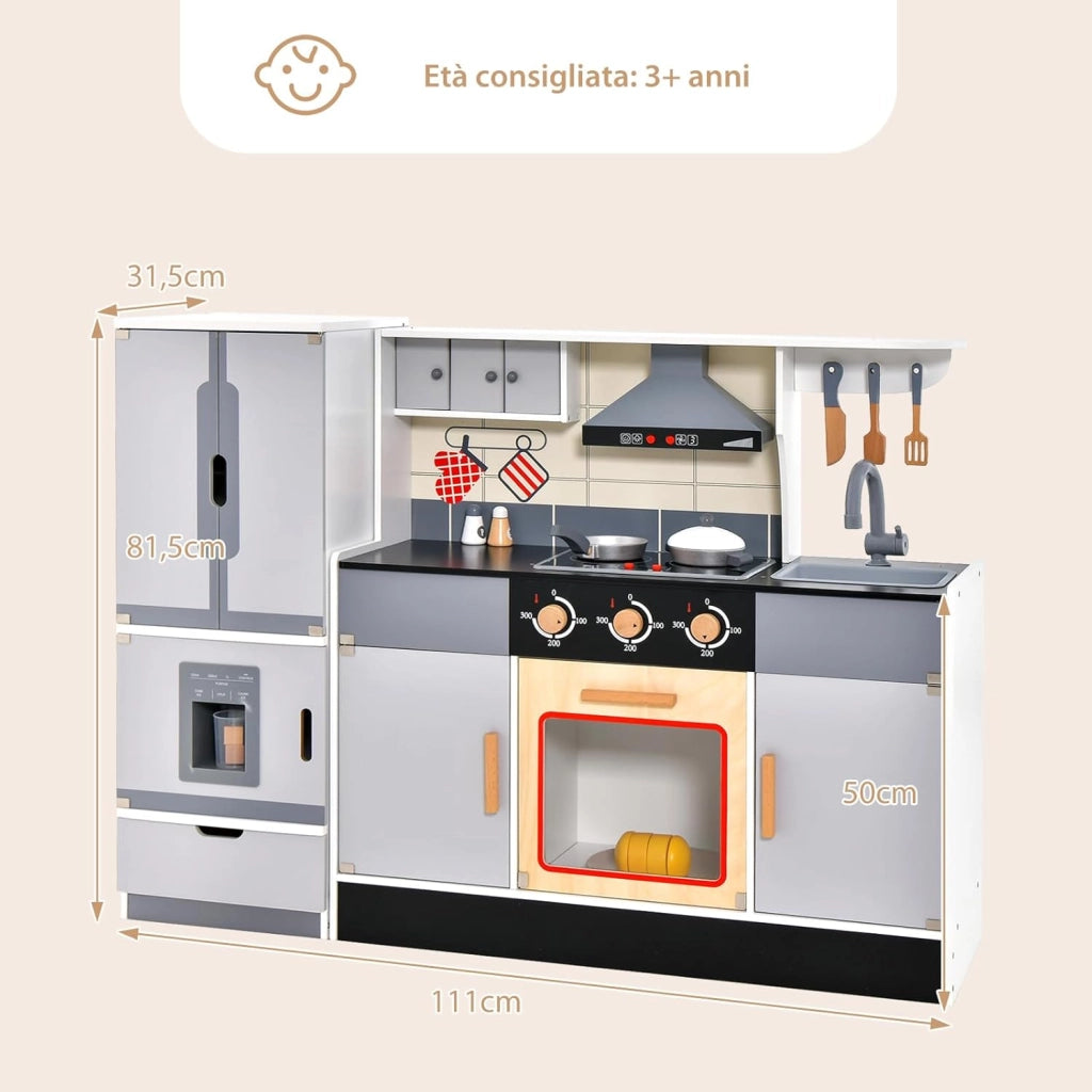 Cucina per Bambini in Legno con Funzione Luci e Suoni, Frigorifero, Macchina del Ghiaccio, Forno, Microonde, Lavello e Rubinetto, 3+ Anni