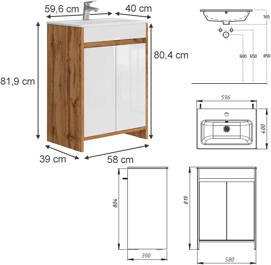 Mobiletto Lemgo, Quercia dorata, 2 parti, composto da mobile sottolavabo e lavabo