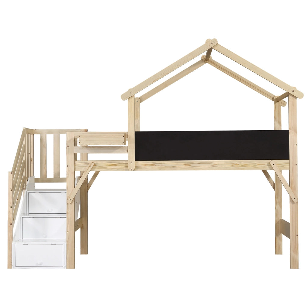 Letto a castello 90x200 cm con scala contenitore e lavagna; legno bianco e naturale