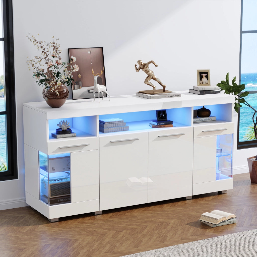 Credenza e madia con LED e ante in vetro temperato, 3 cassetti e 6 vani, per soggiorno, bianco, 140 × 40 × 70 cm