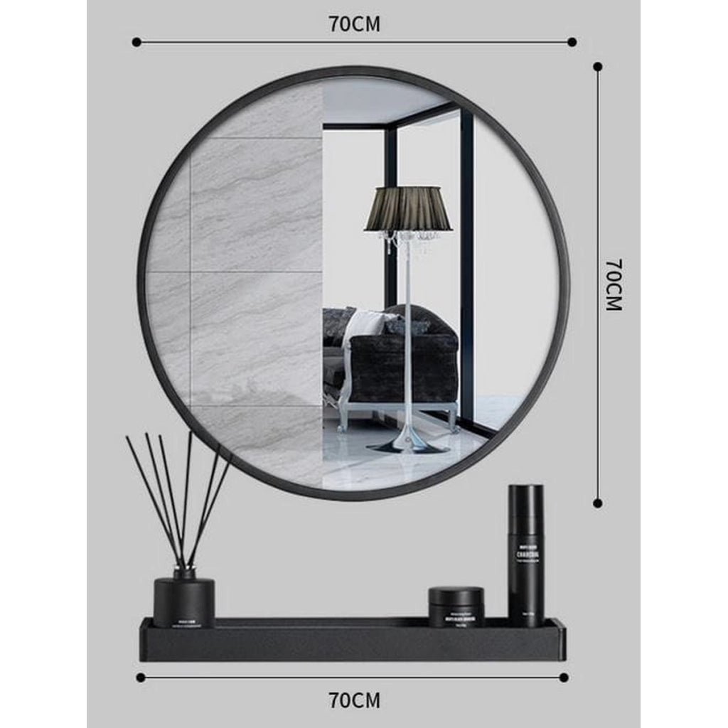 Specchio circolare con mensola e portasciugamani nero 70 cm