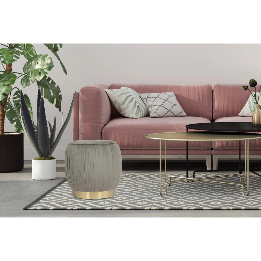 Pouf contenitore Lyla in velluto grigio con base dorata