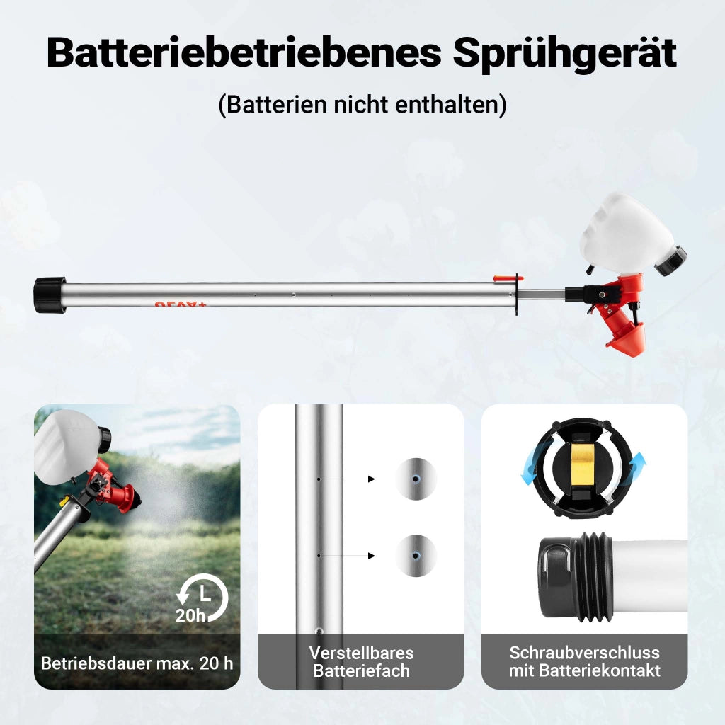 Spruzzatore da giardino a batteria ULVA+, irroratore 125 x 23 cm, con 3 ugelli 45-115 ml/min, irroratore per erbacce per giardini