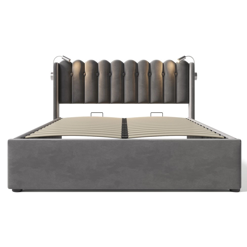 Letto Imbottito Contenitore con LED e Ricarica ¨C MINIMAL ¨C Velluto Grigio 140x200 con materasso