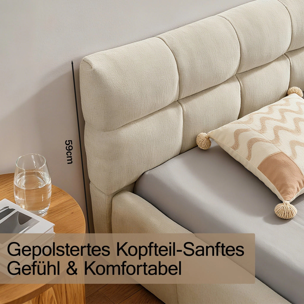 Letto Matrimoniale 140x200 cm in Chenille; Struttura in Legno e Ferro; Beige