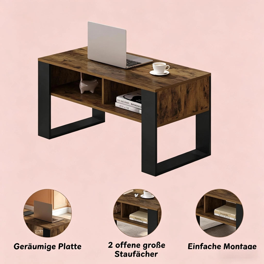 Tavolino basso con 2 vani aperti e piano ampio, per soggiorno, in legno, nero e marrone rustico, 90 × 45 × 45 cm