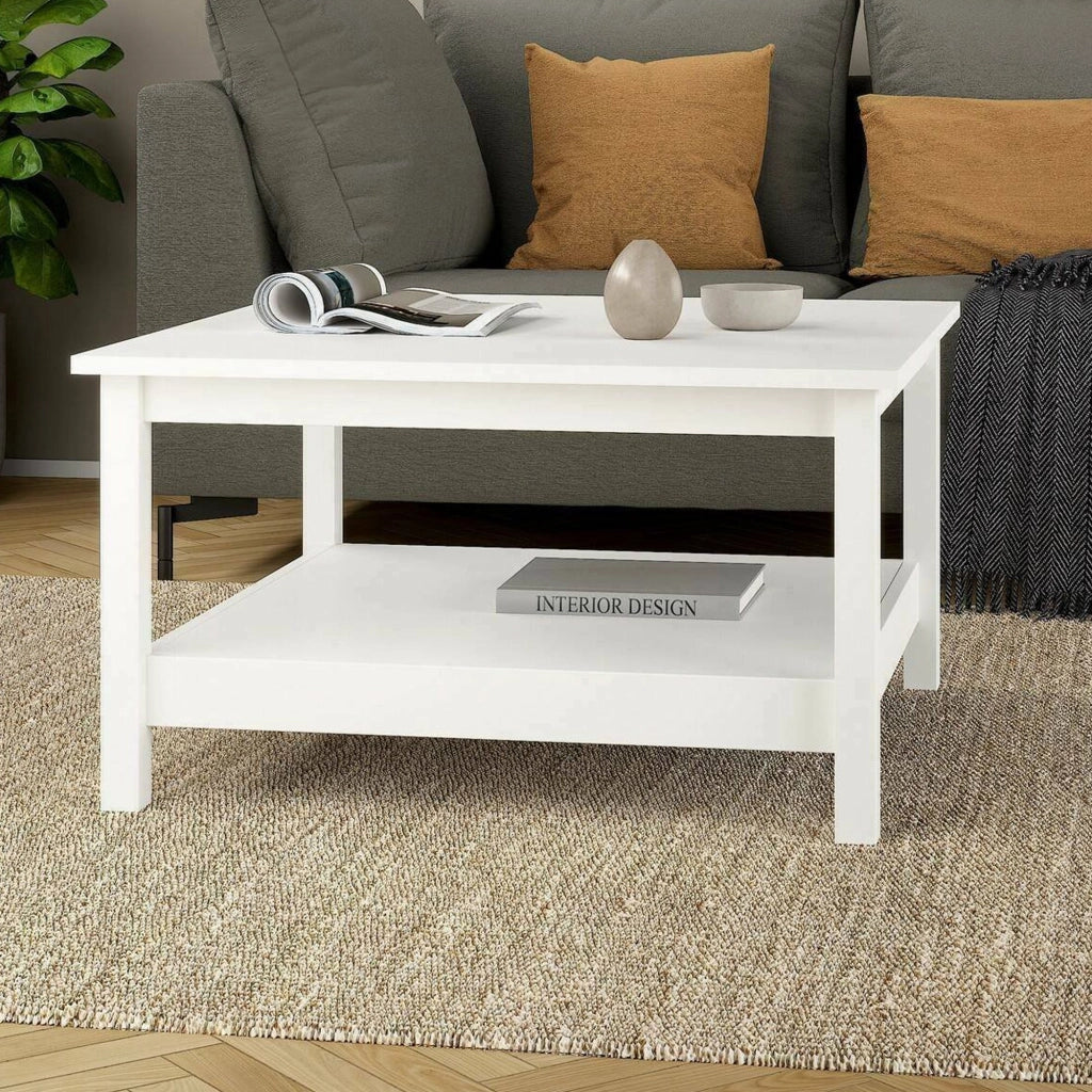 Tavolino da salotto Casato, Tavolo basso da caffè, Portariviste per divano, Ripiano da soggiorno, 81x81 h45 cm, Bianco