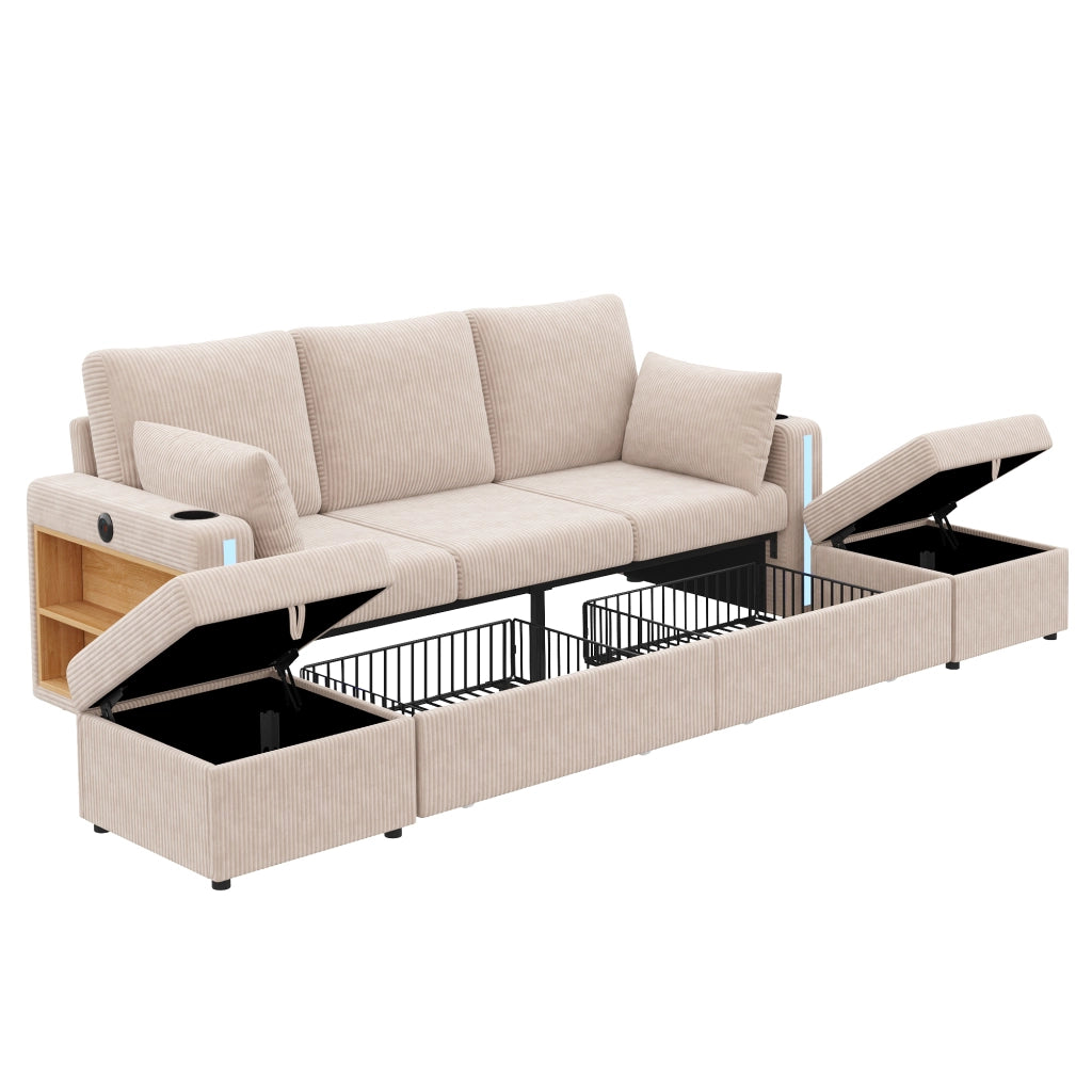 Divano modulare U/L con pouf contenitore, LED, USB/Type-C e schienale con cuscini, beige