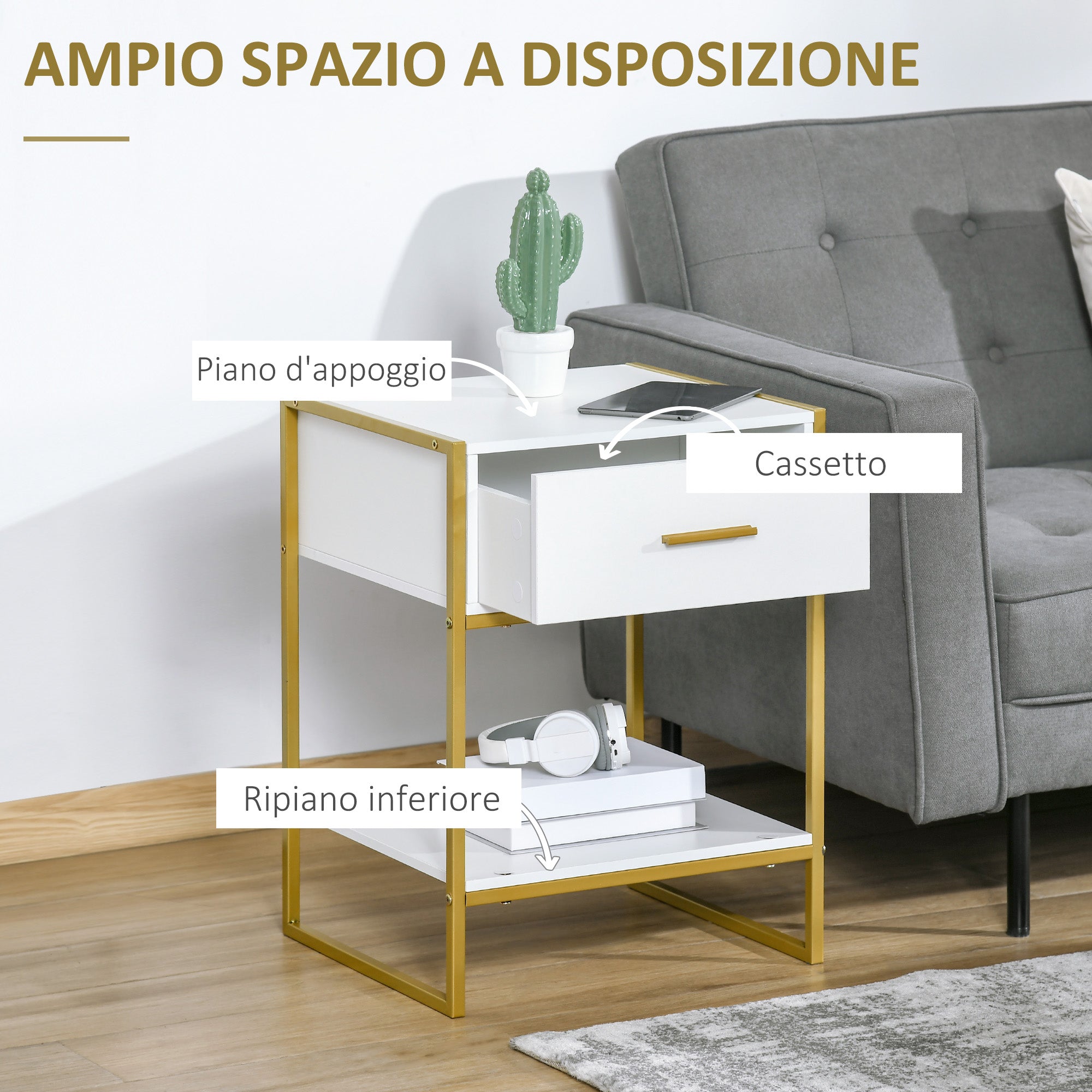 Set 2 Comodini Moderni con Cassetto e Ripiano Aperto 45x40x60 cm in MDF e Acciaio Bianco e Oro