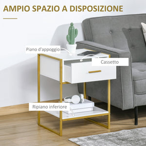 Set 2 Comodini Moderni con Cassetto e Ripiano Aperto 45x40x60 cm in MDF e Acciaio Bianco e Oro