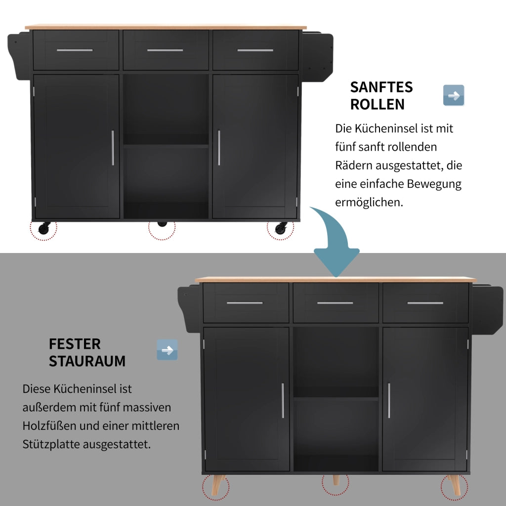 CARRELLO CUCINA con piano ribaltabile 139x46(71)x91,5 cm MDF Nero/Naturale