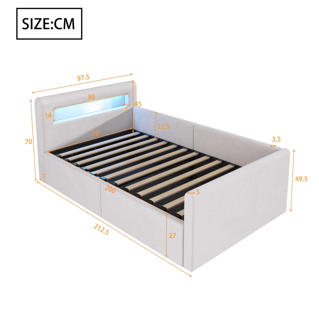 Letto imbottito per bambini 90 x 200 cm in velluto beige con LED; USB e contenitore