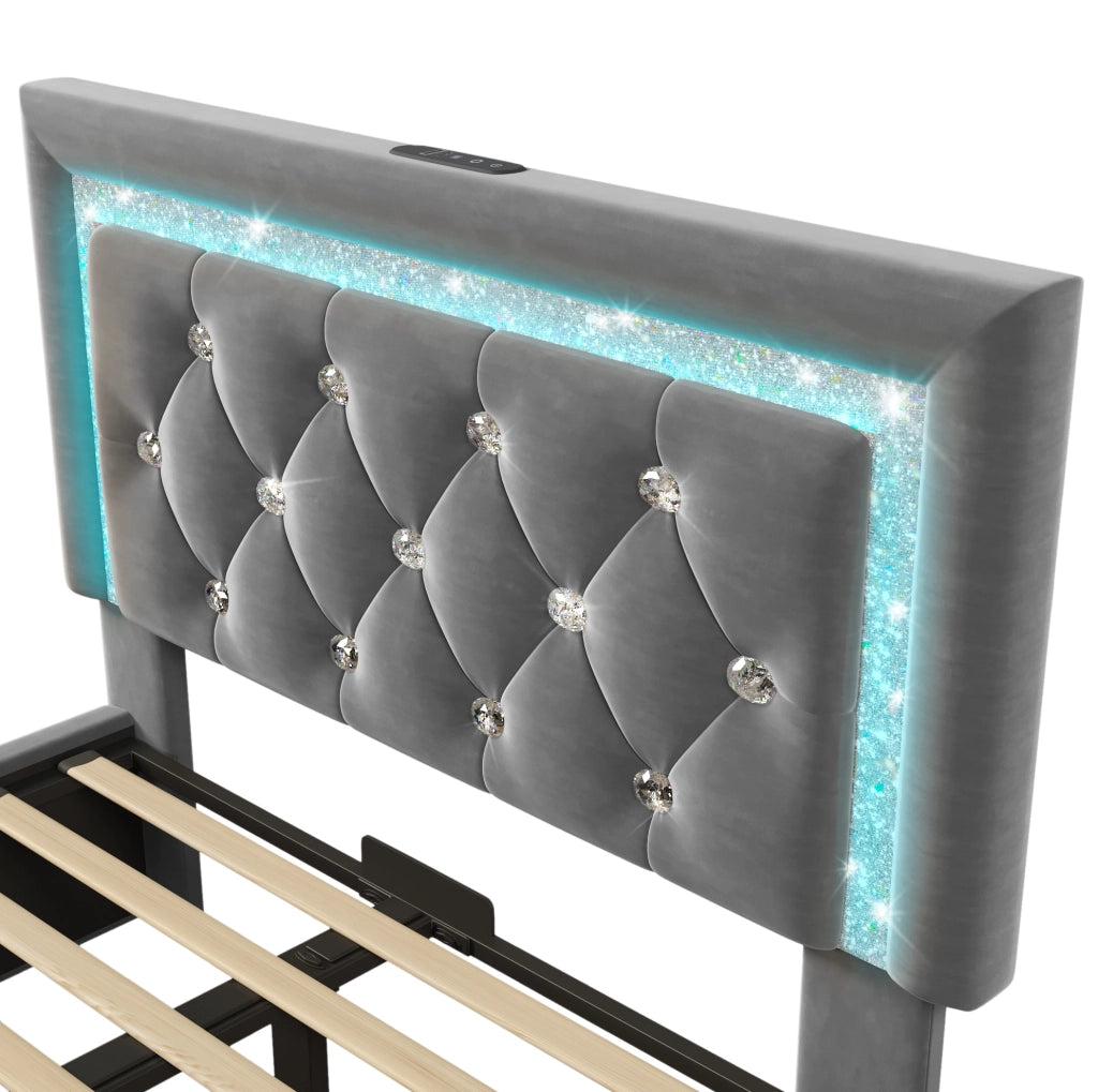 Letto imbottito ULEVR 90x200 cm con materasso, contenitore idraulico, LED, USB e Type-C, velluto grigio