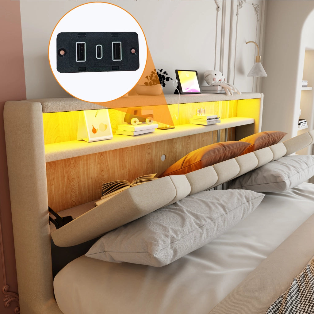 Letto contenitore 140 × 200 cm con sistema idraulico, LED, USB e USB-C, testiera con vani, senza materasso, beige