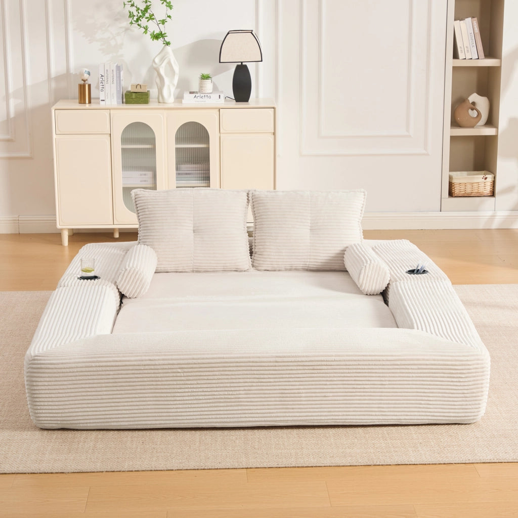 Divano letto 2 posti - con tasche laterali e portabicchieri - in velluto a coste beige