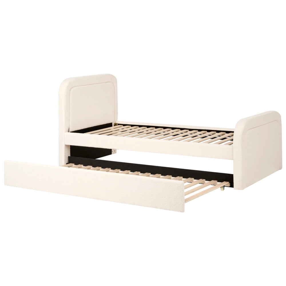 Letto singolo con secondo letto a scomparsa in tessuto Boucle 90 x 200 cm con rete a doghe rivestimento trapuntato beige chiaro camera da letto cameretta