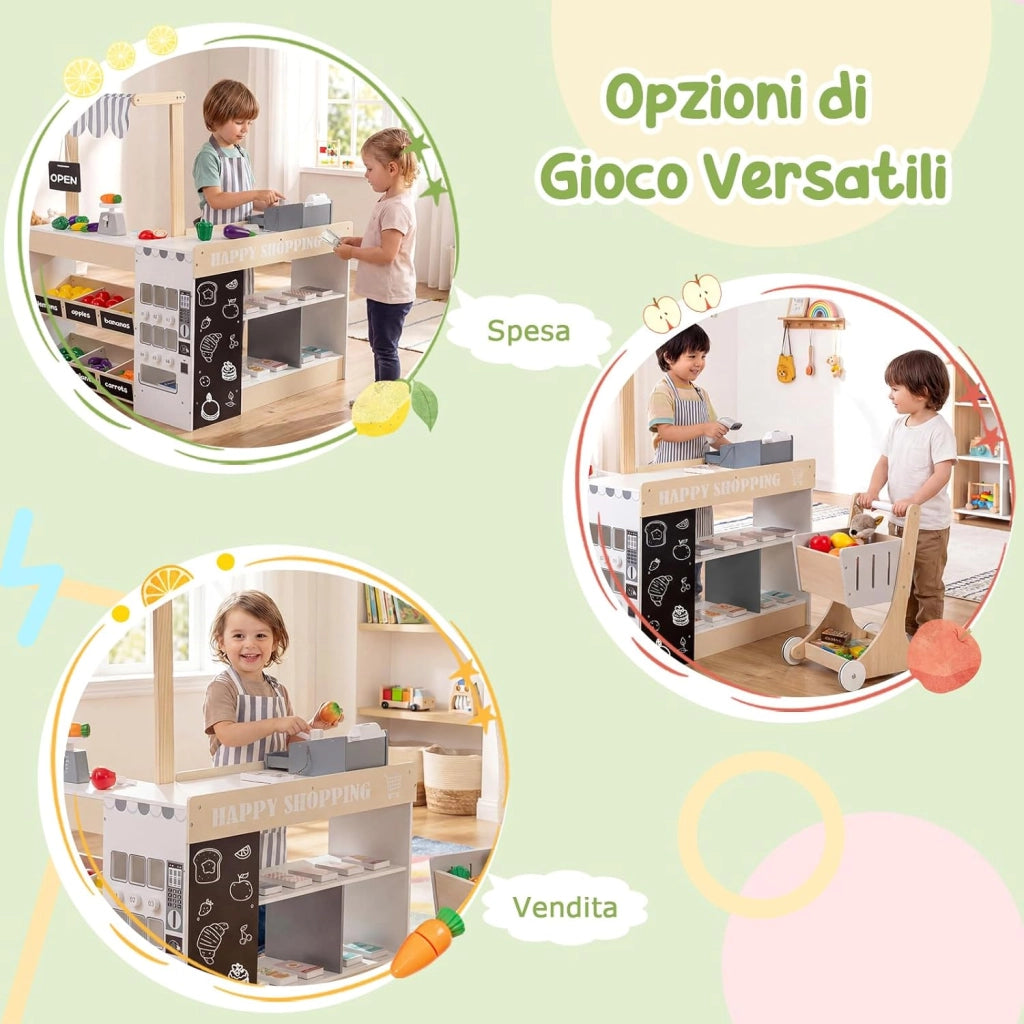 Supermercato Giocattolo per Bambini, Set di Gioco Comprasuper con Carrello, Lavagne, Distributore, Banco Cassa e Accessori Complessivi, per Bambini 3+ Anni, 89,5 x 79 x 104,5 cm