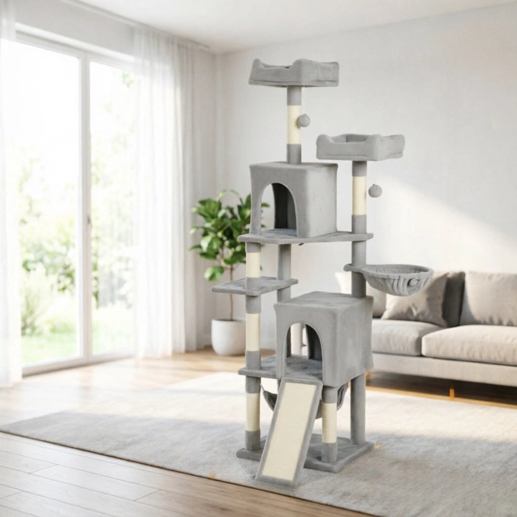 Torre gioco per gatti con 3 piattaforme, 2 nicchie, 2 cucce, 2 amache, 1 gradino, altezza totale 177 cm