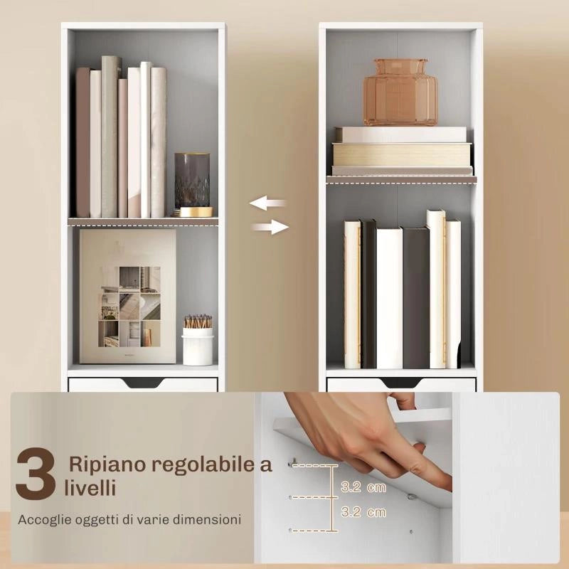 SCAFFALE LIBRERIA A 4 RIPIANI APERTI CON ARMADIETTO E CASSETTO, 30X24X158 CM, IN LEGNO BIANCO